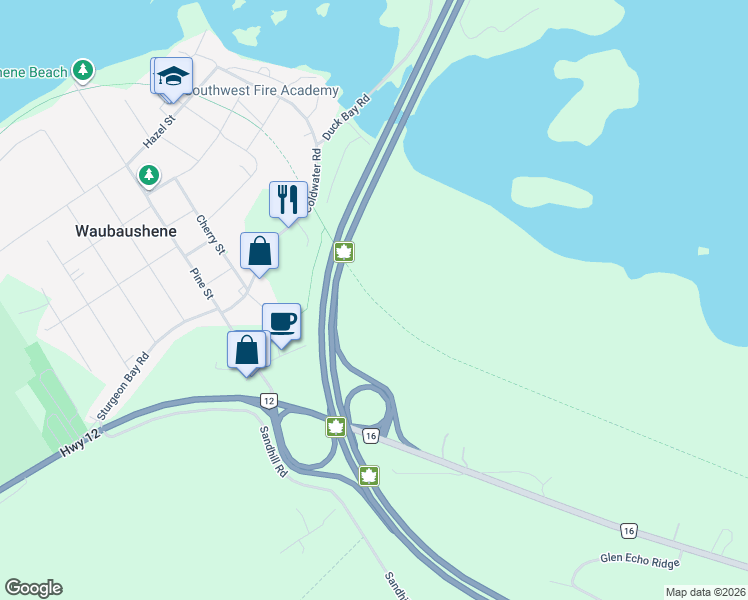map of restaurants, bars, coffee shops, grocery stores, and more near Uhthoff Trail in Waubaushene