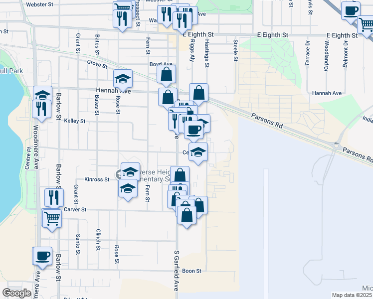map of restaurants, bars, coffee shops, grocery stores, and more near 1100 Centre Street in Traverse City