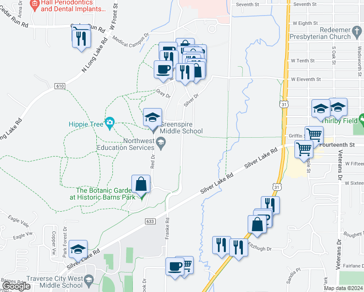 map of restaurants, bars, coffee shops, grocery stores, and more near Silver Drive in Traverse City