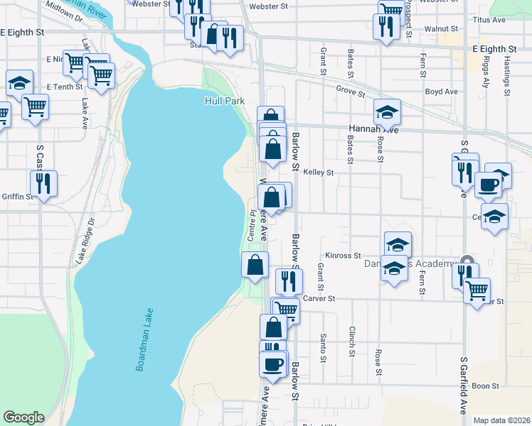 map of restaurants, bars, coffee shops, grocery stores, and more near 905 Woodmere Avenue in Traverse City
