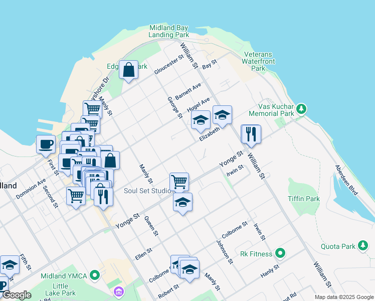 map of restaurants, bars, coffee shops, grocery stores, and more near 309 Elizabeth Street in Midland