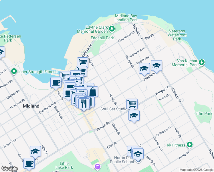 map of restaurants, bars, coffee shops, grocery stores, and more near 285 Manly Street in Midland
