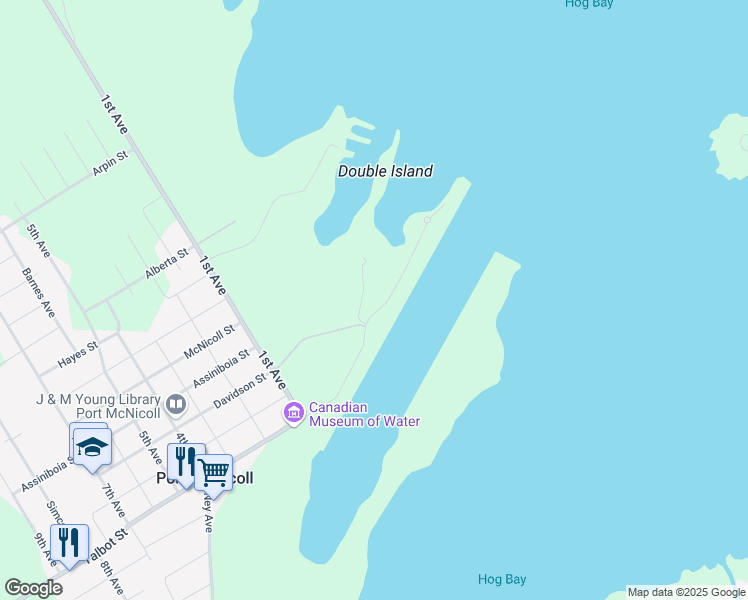 map of restaurants, bars, coffee shops, grocery stores, and more near 27 Dock Lane in Port McNicoll