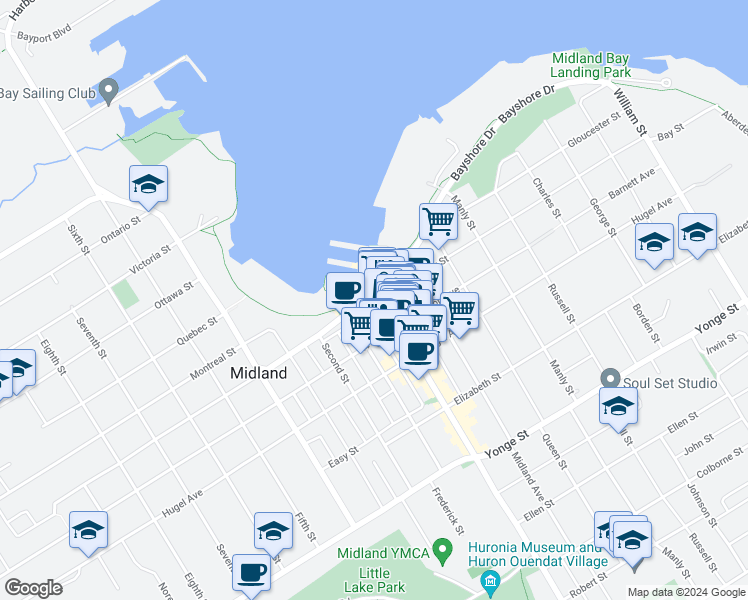 map of restaurants, bars, coffee shops, grocery stores, and more near 208 King Street in Midland