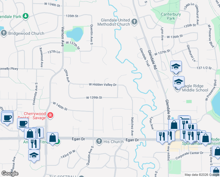 map of restaurants, bars, coffee shops, grocery stores, and more near 4950 West Hidden Valley Drive in Savage