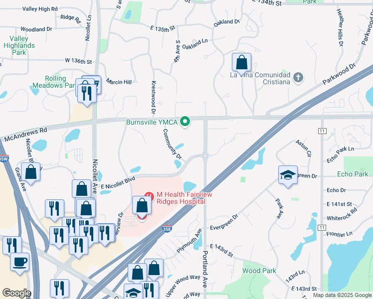 map of restaurants, bars, coffee shops, grocery stores, and more near 13850 Portland Avenue in Burnsville