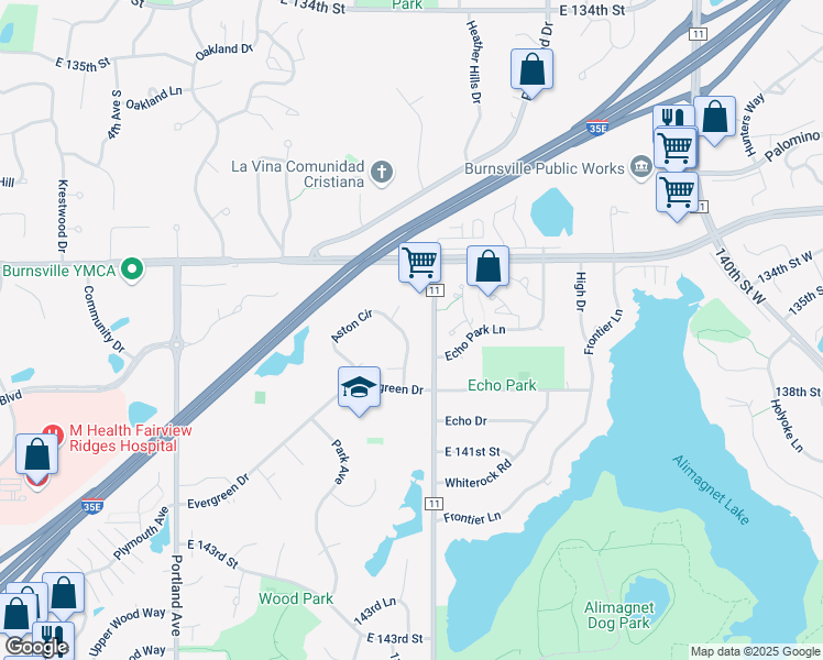 map of restaurants, bars, coffee shops, grocery stores, and more near 1144 Aston Circle in Burnsville