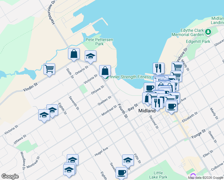 map of restaurants, bars, coffee shops, grocery stores, and more near 137 Fourth Street in Midland
