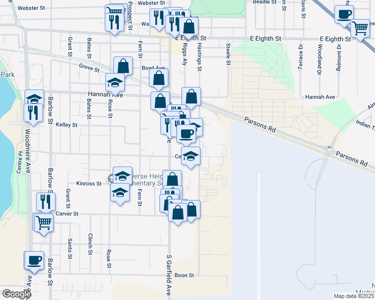 map of restaurants, bars, coffee shops, grocery stores, and more near 833 South Garfield Avenue in Traverse City