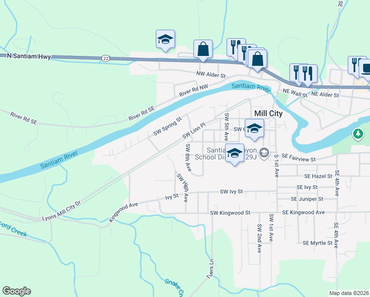 map of restaurants, bars, coffee shops, grocery stores, and more near 859 Southwest Linn Place in Mill City