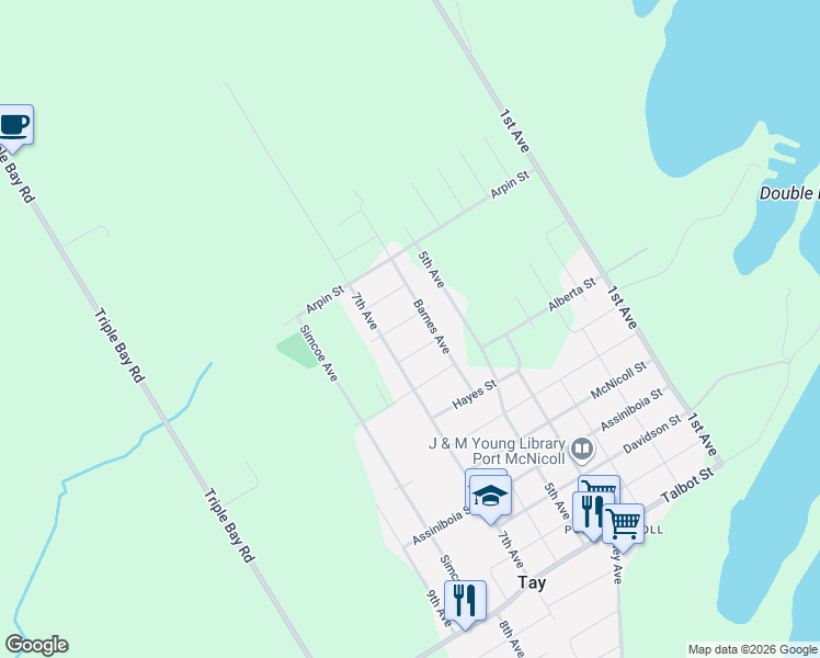 map of restaurants, bars, coffee shops, grocery stores, and more near 475 Athabaska Street in Tay