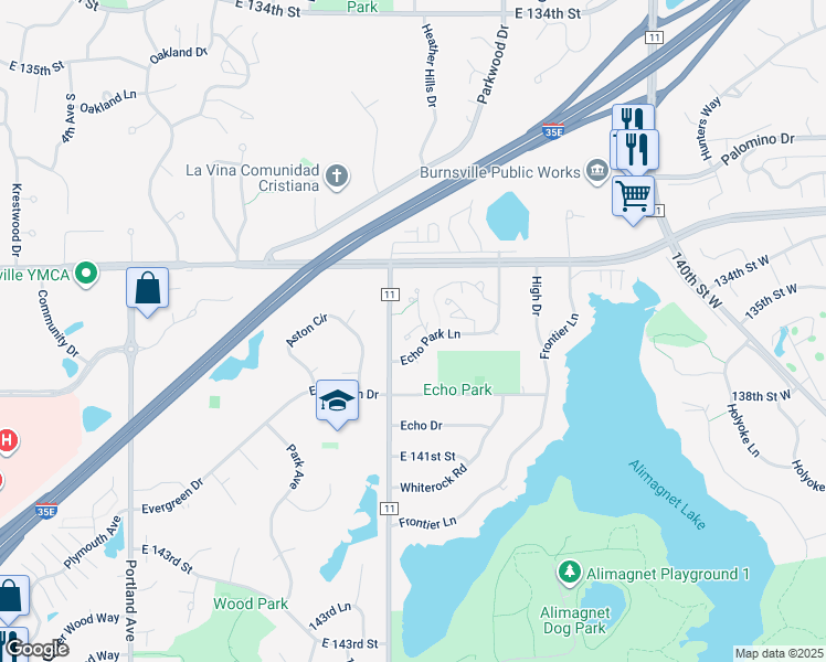 map of restaurants, bars, coffee shops, grocery stores, and more near 13826 Echo Park Circle in Burnsville