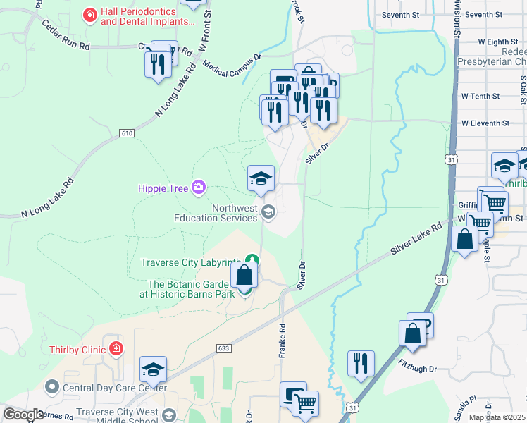 map of restaurants, bars, coffee shops, grocery stores, and more near 301 Red Drive in Traverse City