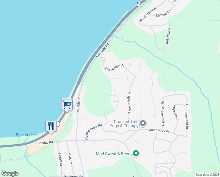 map of restaurants, bars, coffee shops, grocery stores, and more near 4500-4698 Weathering Heights Rd in Traverse City