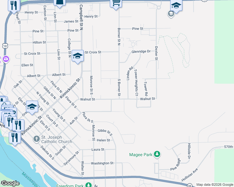 map of restaurants, bars, coffee shops, grocery stores, and more near 179 Borner Street North in Prescott