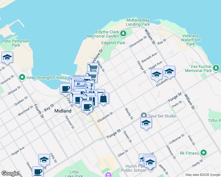 map of restaurants, bars, coffee shops, grocery stores, and more near 256 Manly Street in Midland
