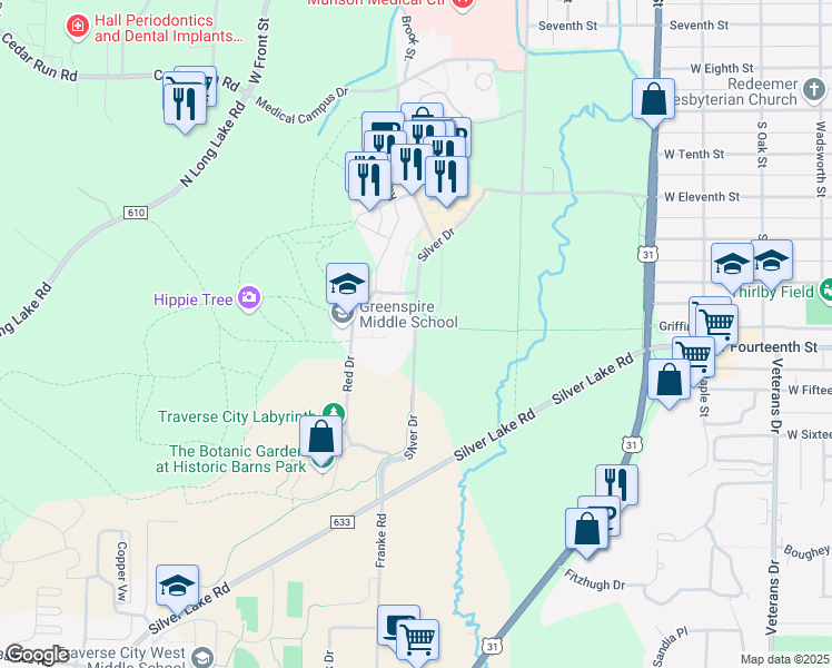 map of restaurants, bars, coffee shops, grocery stores, and more near 1100 Silver Drive in Traverse City