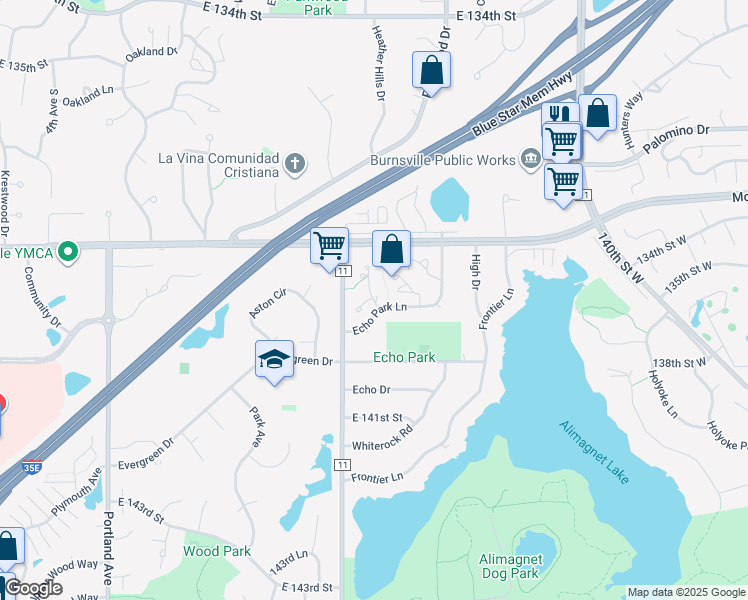 map of restaurants, bars, coffee shops, grocery stores, and more near 13901 Echo Park Circle in Burnsville
