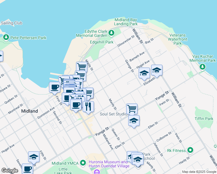 map of restaurants, bars, coffee shops, grocery stores, and more near 381 Hugel Avenue in Midland