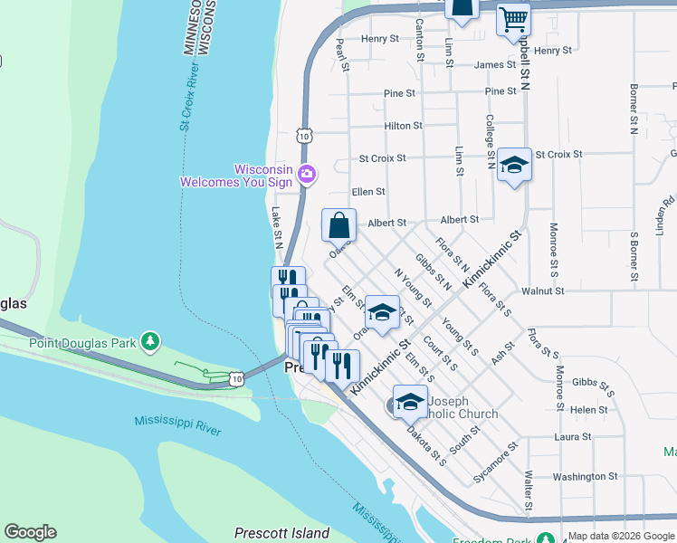 map of restaurants, bars, coffee shops, grocery stores, and more near 331 Court Street North in Prescott