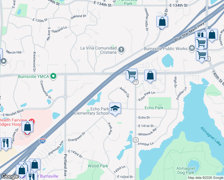 map of restaurants, bars, coffee shops, grocery stores, and more near 1074 Aston Circle in Burnsville