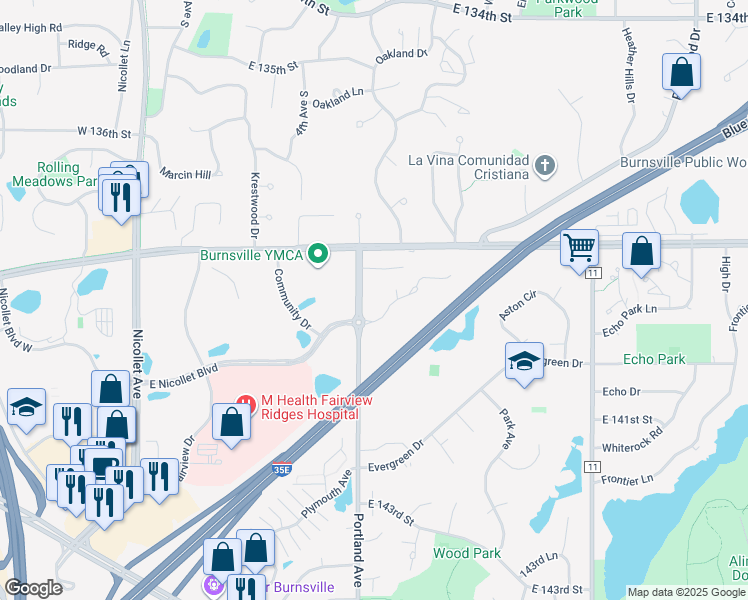 map of restaurants, bars, coffee shops, grocery stores, and more near 700 East Nicollet Boulevard in Burnsville