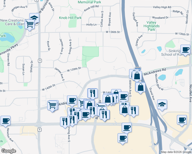 map of restaurants, bars, coffee shops, grocery stores, and more near 1205 West 139th Street in Burnsville