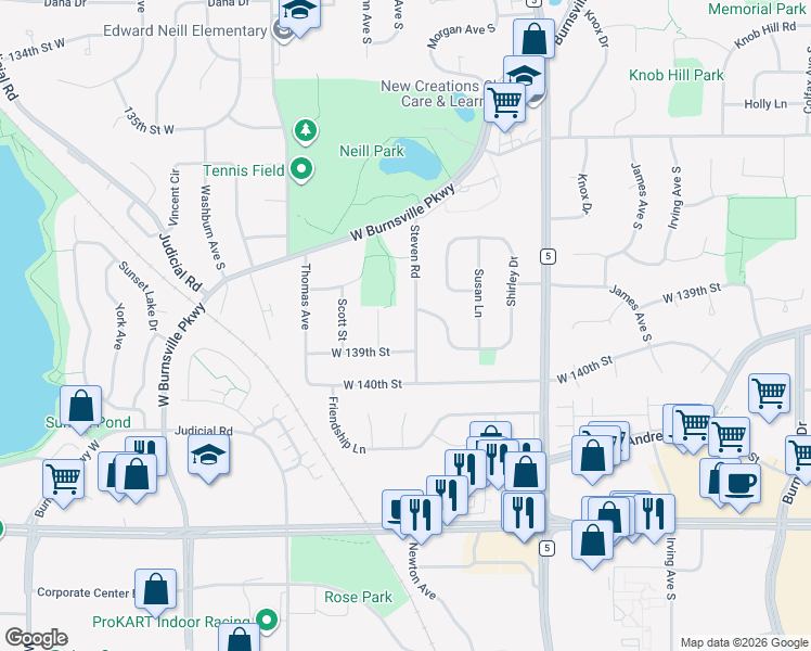 map of restaurants, bars, coffee shops, grocery stores, and more near 13809 Shelly Lane in Burnsville