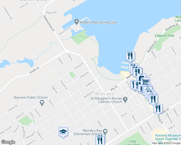 map of restaurants, bars, coffee shops, grocery stores, and more near 116 Fourth Street in Midland