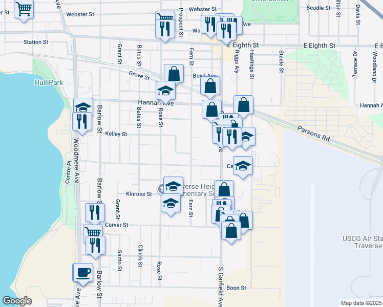 map of restaurants, bars, coffee shops, grocery stores, and more near 863 Fern Street in Traverse City