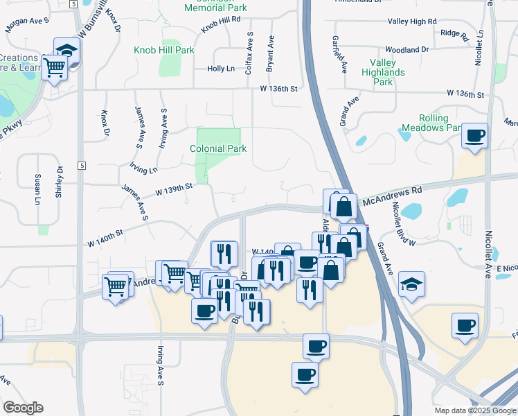 map of restaurants, bars, coffee shops, grocery stores, and more near 1113 West 139th Street in Burnsville