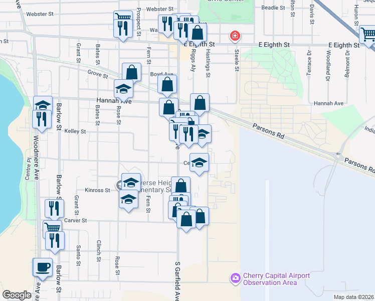 map of restaurants, bars, coffee shops, grocery stores, and more near 835 South Garfield Avenue in Traverse City