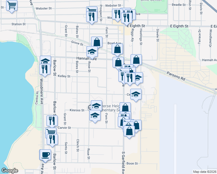 map of restaurants, bars, coffee shops, grocery stores, and more near 751-863 Fern Street in Traverse City