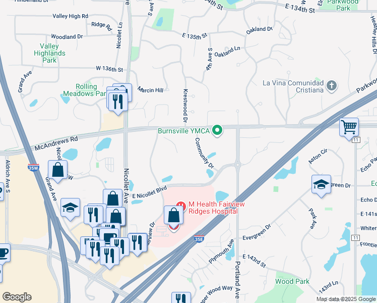 map of restaurants, bars, coffee shops, grocery stores, and more near 13810 Community Drive in Burnsville