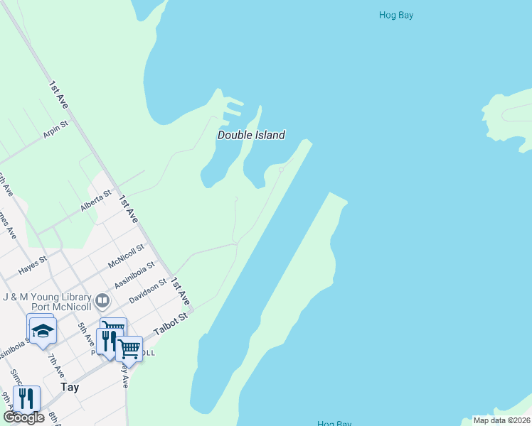 map of restaurants, bars, coffee shops, grocery stores, and more near 45 Dock Lane in Port McNicoll