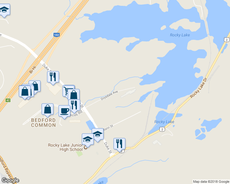 map of restaurants, bars, coffee shops, grocery stores, and more near Drysdale Avenue in Bedford