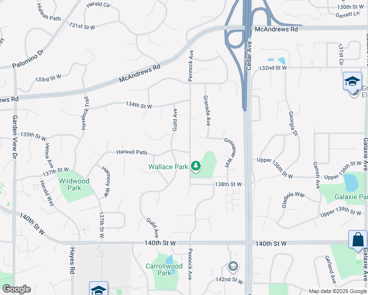 map of restaurants, bars, coffee shops, grocery stores, and more near 13575 Harwell Path in Apple Valley