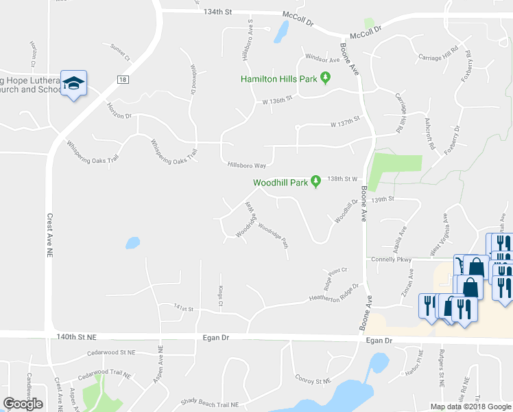 map of restaurants, bars, coffee shops, grocery stores, and more near 9235 Woodridge Way in Savage