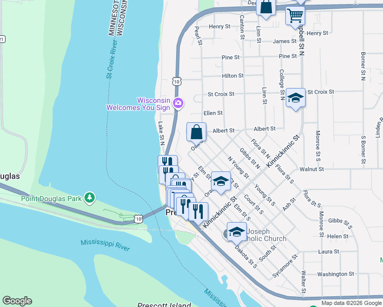 map of restaurants, bars, coffee shops, grocery stores, and more near 331 Court Street North in Prescott