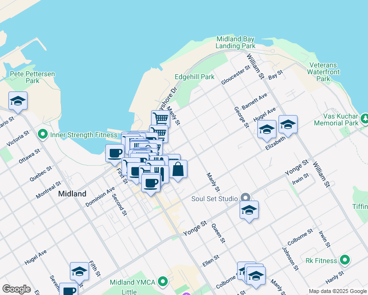 map of restaurants, bars, coffee shops, grocery stores, and more near 413 Dominion Avenue in Midland