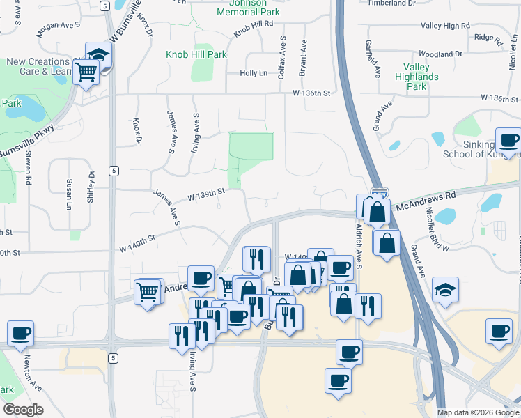 map of restaurants, bars, coffee shops, grocery stores, and more near 1205 West 139th Street in Burnsville