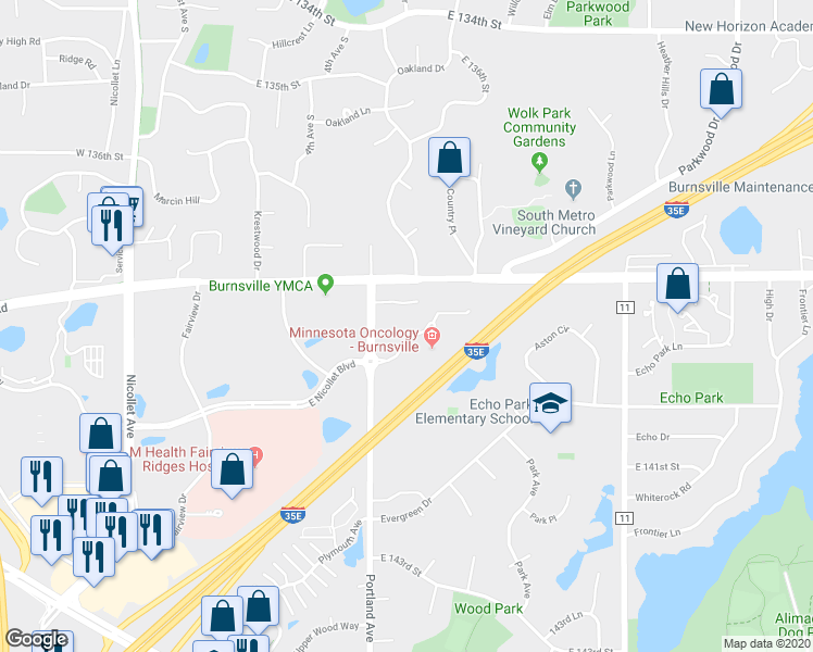 map of restaurants, bars, coffee shops, grocery stores, and more near 700 East Nicollet Boulevard in Burnsville