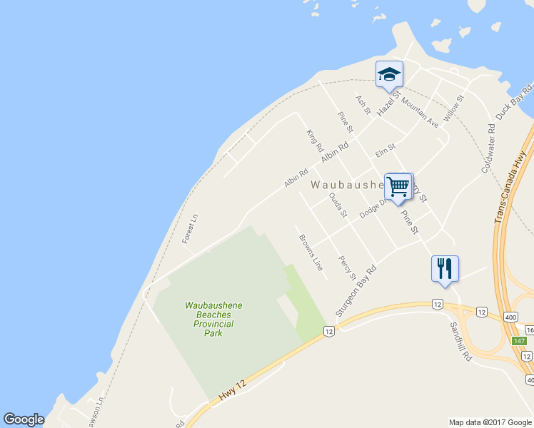 map of restaurants, bars, coffee shops, grocery stores, and more near 183 Albin Road in Waubaushene