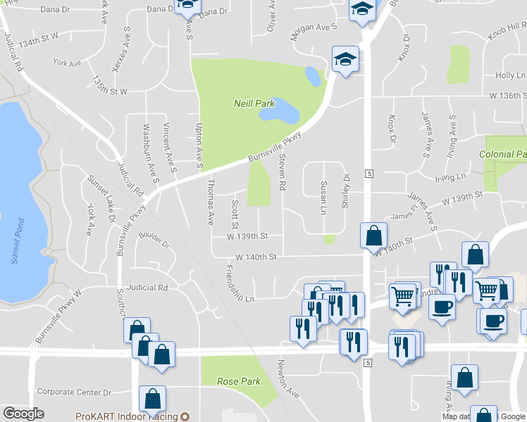 map of restaurants, bars, coffee shops, grocery stores, and more near 13809 Shelly Lane in Burnsville