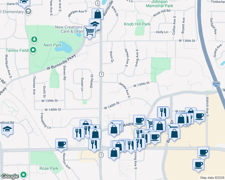 map of restaurants, bars, coffee shops, grocery stores, and more near 1716 James Place in Burnsville