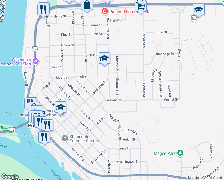 map of restaurants, bars, coffee shops, grocery stores, and more near 176 Campbell Street South in Prescott