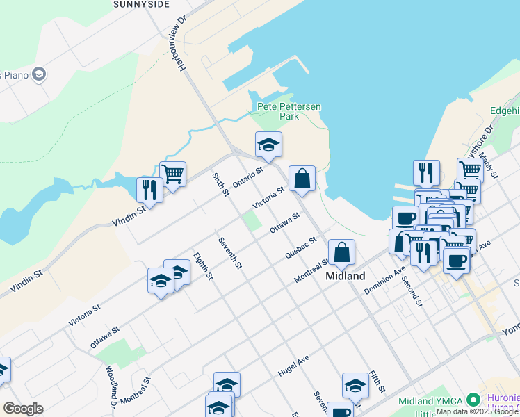 map of restaurants, bars, coffee shops, grocery stores, and more near 679 Victoria Street in Midland