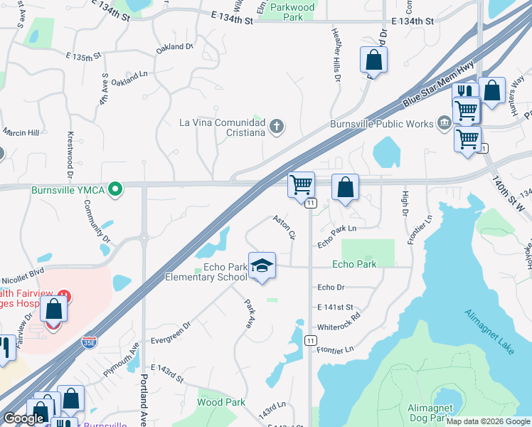 map of restaurants, bars, coffee shops, grocery stores, and more near 1074 Aston Circle in Burnsville