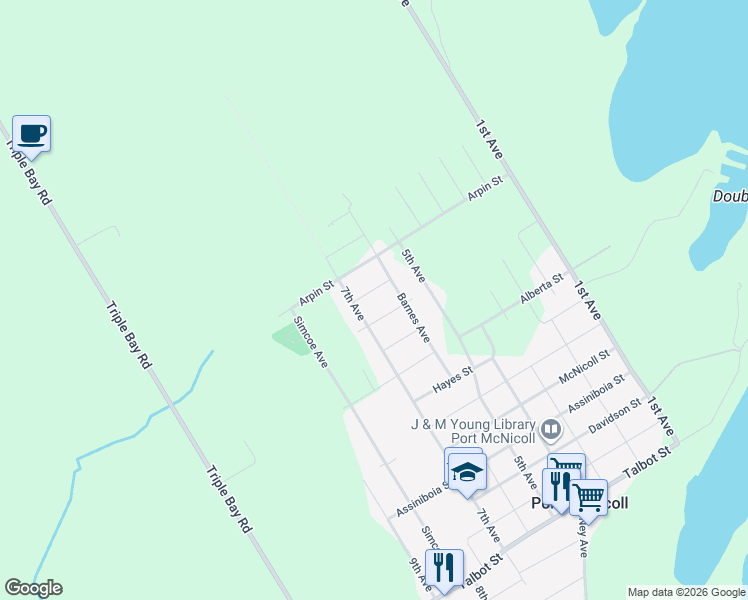 map of restaurants, bars, coffee shops, grocery stores, and more near 481 McPhee Boulevard in Port McNicoll