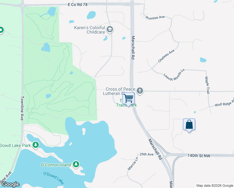 map of restaurants, bars, coffee shops, grocery stores, and more near 1354 Wood Duck Trail in Shakopee